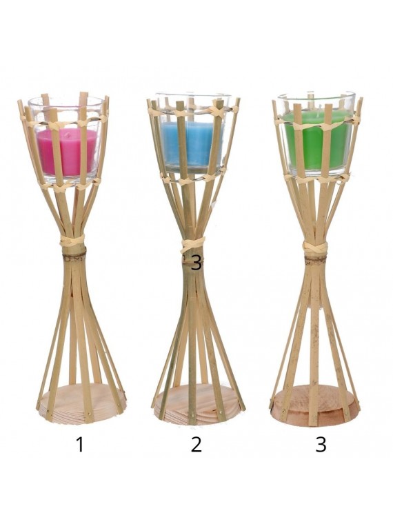 Torcia bambu  con candela citronella 3 colori assortiti diametro 8 5 h32 5