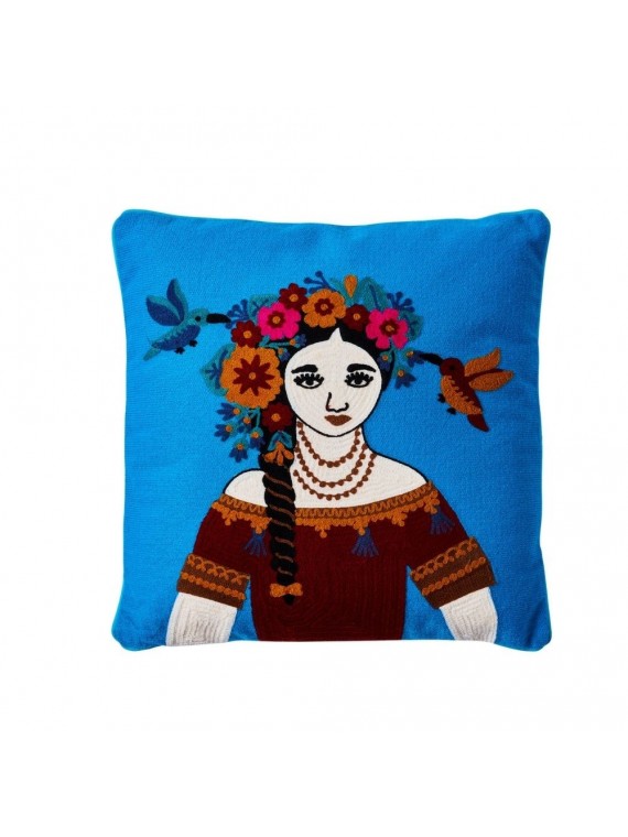 Cuscino blue folk art woman with garland and birds