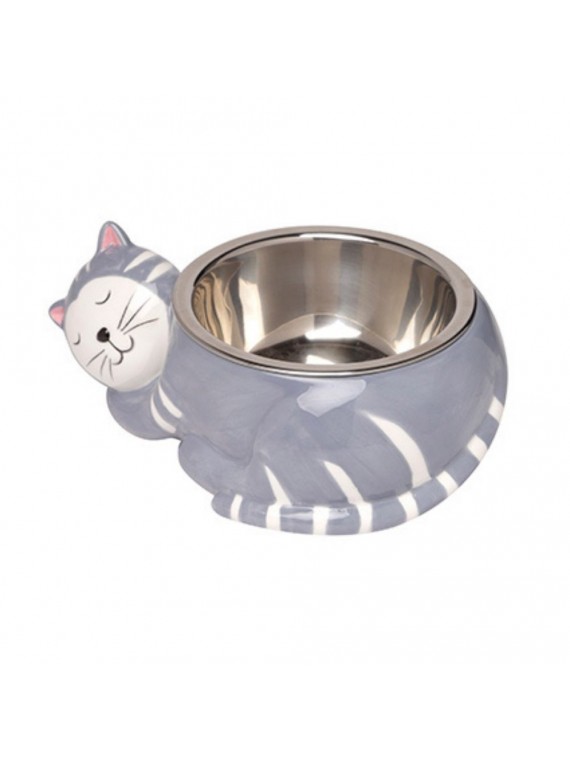 Ciotola gatto grigio ceramica e metallo