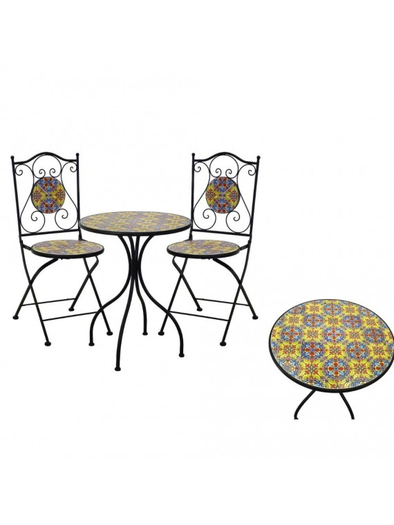 Tavolo metallo mosaico catania tondo con 2 sedie cm diam. 60 h75