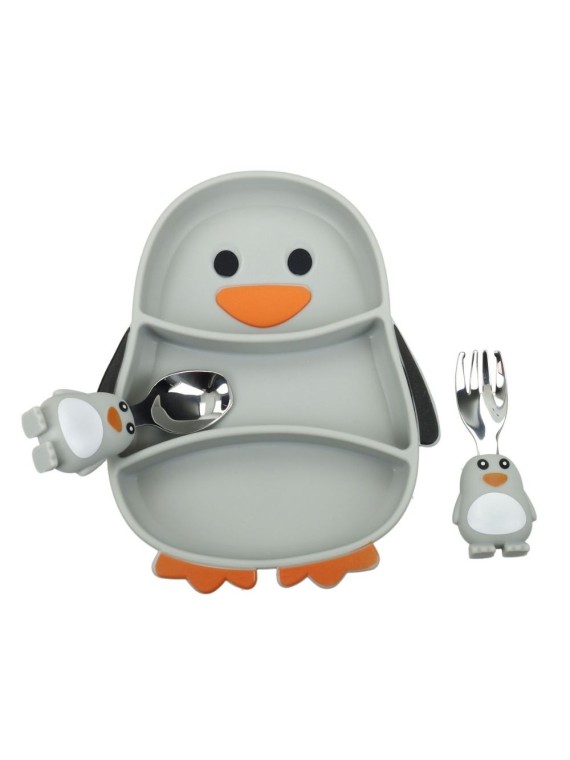 Brandani set pappa pinguino silicone con fiorchetta e cucchiaino